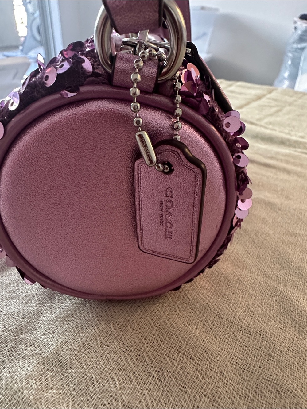 Coach Sequin Nolita Barrel  Bag in Lilac with Silver Hardware. - Picture 3 of 9